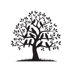 Black and White Silhouette of a Tree with Seven Birds Perched on Branches.