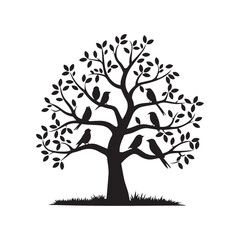 Black and White Silhouette of a Tree with Seven Birds Perched on Branches.