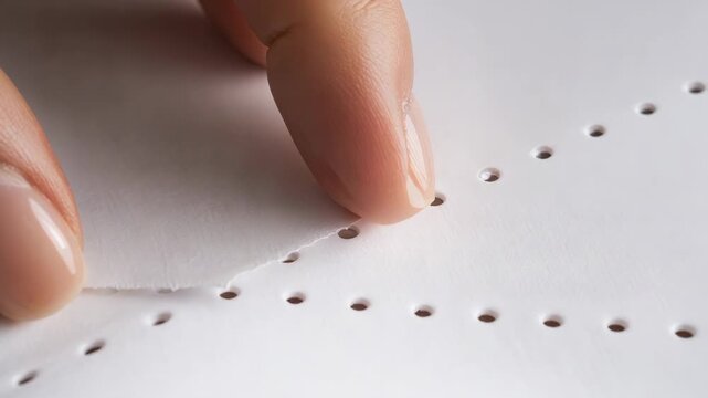 Pressing two fingertips sliding along white perforated paper on tabletop, detaching paper strip