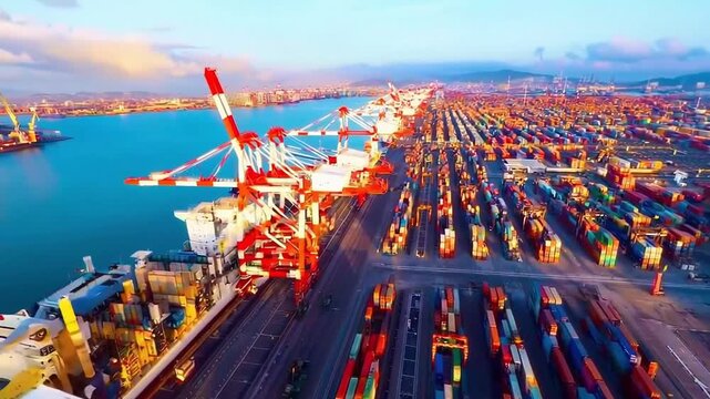 Stunning aerial view of a busy international container port at sunset, featuring massive gantry cranes loading a ship and colorful shipping containers lined up for global trade and logistics.