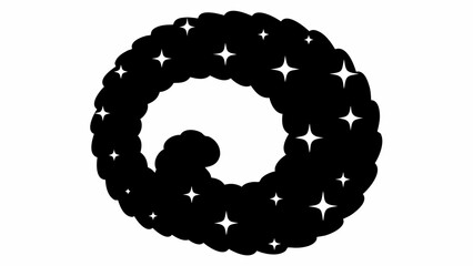 Black swirling cloud with scattered white stars against a white background creates a cosmic scene