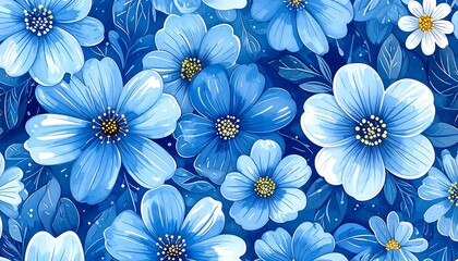 Beautiful floral pattern in shades of blue and white with yellow centers, a seamless and vibrant botanical design