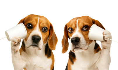 Beagle Dog Listening with a Paper Cup Telephone