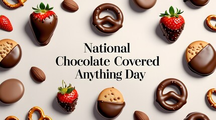 National Chocolate Covered Anything Day Holiday Background with Strawberries, Pretzels, and Cookies, Sweet Celebration Banner