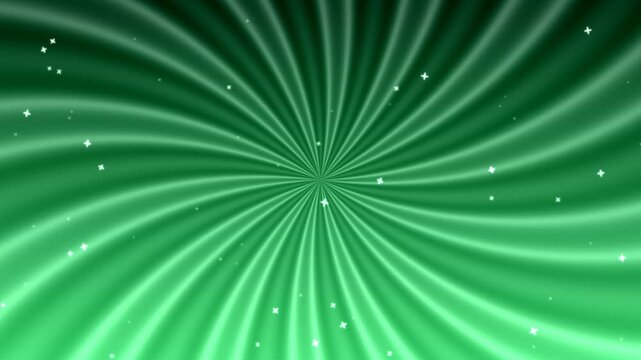 Rotating emerald green spiral sunburst background with floating cross shaped sparkles and glowing light rays