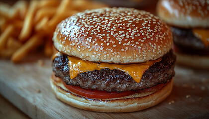 Grilled burger with cheese, fries, and tomato sandwich generated by AI