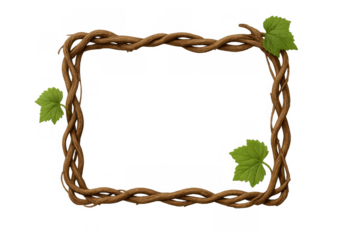 Vine frame creating rustic border with grape leaves, natural plant branch twisting around transparent background