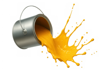 Yellow paint spilling from a tin can, vibrant liquid splash, pouring colors, creative art and renovation concept