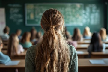 Female teacher instructs a classroom of students from the front, including various desks and chalkboards in a well-lit learning environment