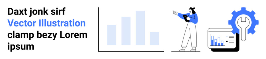 Businesswoman reviewing data from bar charts and digital screens with a gear and wrench symbol nearby. Ideal for data analysis, teamwork, productivity, problem-solving, strategy, research, simple