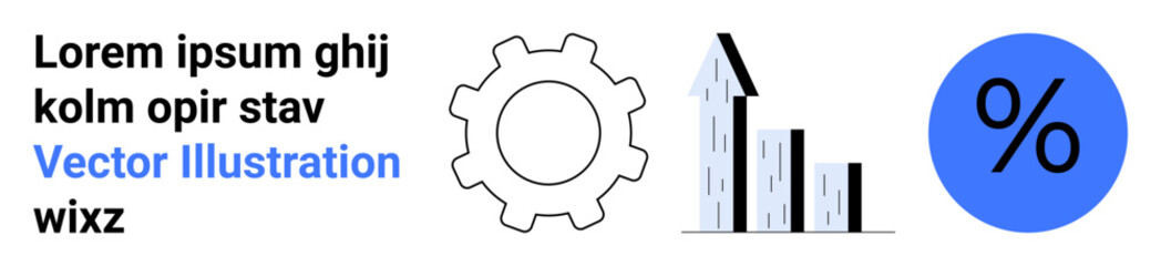 Business growth, analytics, financial data insights, economic trends, process management, performance measurement. Gear cog, bar graph percent symbol in minimal design. Business growth and analytics