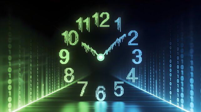 Binary code clock glowing green, representing digital time management concept – Ideal for productivity apps, cyber security, or tech news.