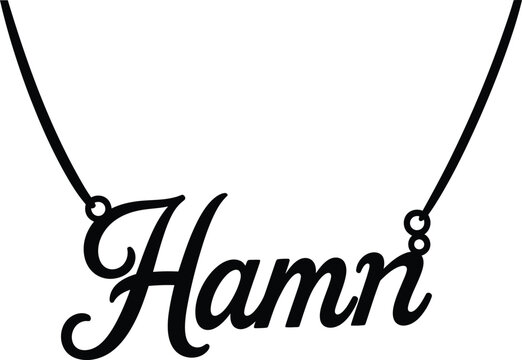 Black script nameplate necklace with the word Hamn on white background jewelry custom