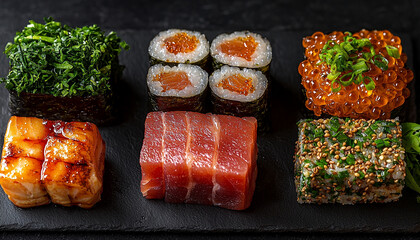 Fresh seafood plate, sushi roll, healthy eating culture generated by AI