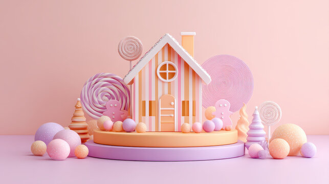 Whimsical candy themed house stands against soft pink background, surrounded by colorful sweets and playful decorations, creating delightful Christmas atmosphere