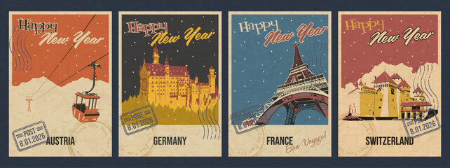 New Year Greeting Cards, American Countries Attractions Postcards Retro Illustrations. Austria Ski Resort Aerial Tramway, Germany Neuschwanstein castle, France Eiffel Tower, Switzerland Chateau de Chi