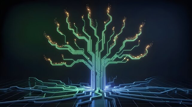 Luminous circuit tree with flowing data streams on a dark background – Perfect for networking, finance, security, or future technology visuals.