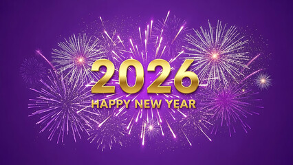 Happy New Year 2026 Celebration with Fireworks on a Purple Background for Festive Events