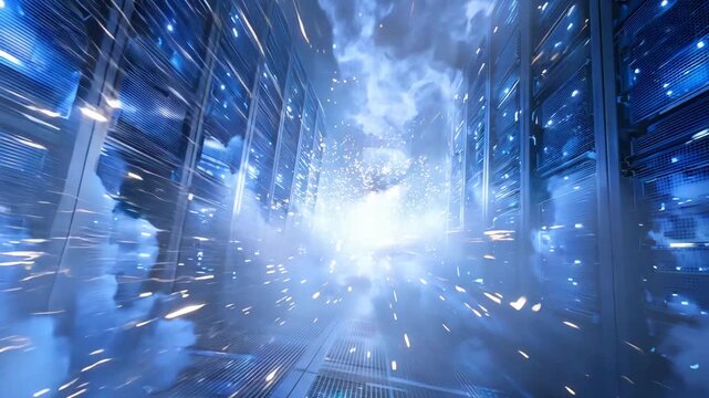 Cloud computing demonstrates high speed data transfer with dynamic visual effects in a server environment filled with blue lights and energy explosions
