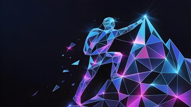 Neon polygon silhouette of a mountain climber symbolizing achievement – Great for motivation, technology, success, or leadership content.