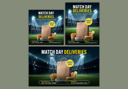 Editable Cricket Inspired Food Promotional Social Media or Banner Templates with Burger Fries and Soft Drink for Match Day Offers.