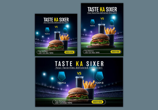 Editable Cricket Inspired Food Promotional Social Media or Banner Templates with Burger Fries and Soft Drink for Match Day Offers.
