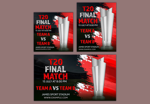 Editable T20 Final Cricket Match Social Media or  Banner Template Set with Silver Trophy in Black and Red Brush Stroke Background.