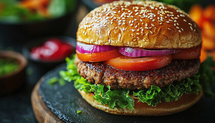 Grilled beef burger with cheese and tomato meal generated by AI
