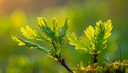 Bright, young oak leaves sprout in a soft, green, golden-lit spring forest, revealing delicate textures