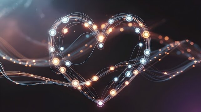 Luminous heart of data nodes and network connections – Abstract art for emotional intelligence, tech, or digital love.