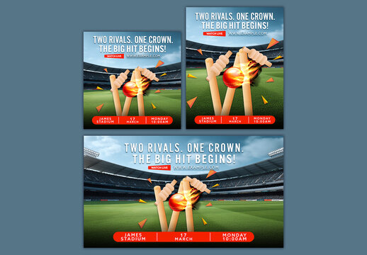 Editable Cricket Match Social Media or  Banner Template Set with Fiery Ball Hit the Wicket Stumps on Stadium Background.