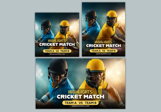 Editable Cricket Match Highlights Social Media or Banner Template with Intense Rivalry Between Batters of Different Teams, Stadium Background.