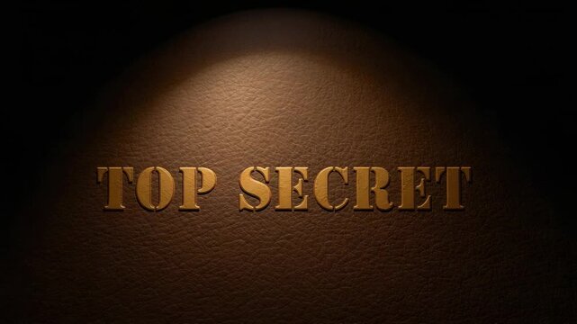 Widening, brightening spotlight revealing embossed gold TOP SECRET title on dark card, adding sheen