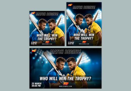 Editable Cricket Match Begins Social Media or Banner Template Set with Rival Batters and Trophy, Stadium Background.