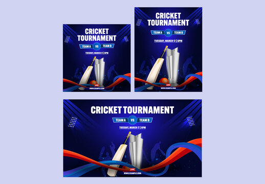 Editable Cricket Tournament Promotion Social Media or Banner Template Set with Silver Trophy, Bat and Red Ball on Blue Stadium Background.