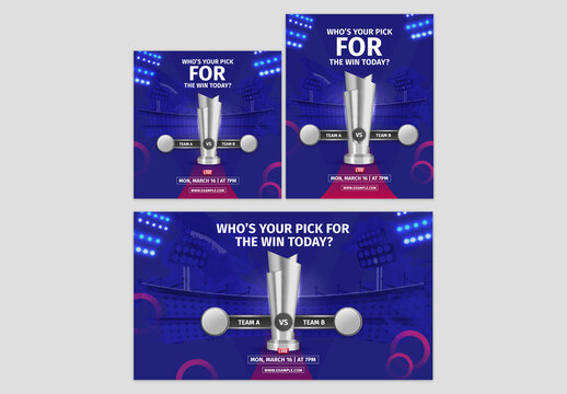 Editable Cricket Match Social Media or Banner Template Set with Silver Trophy and Participating Team A and B on Blue Stadium Background.