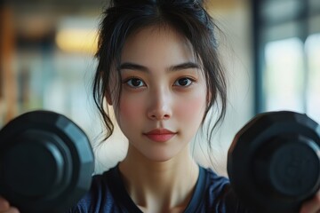 Sporty Asian woman confidently lifts dumbbells while exercising in a modern gym setting during daylight hours