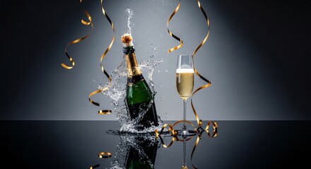 Elegant celebration champagne bottle popping with splash, glass of sparkling wine and festive ribbons
