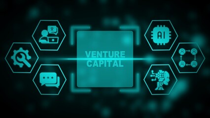 Venture Capital concept with icons for A I technology and business collaboration on dark background finance