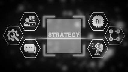 Central strategy concept with surrounding icons for A I machine learning communication and teamwork business