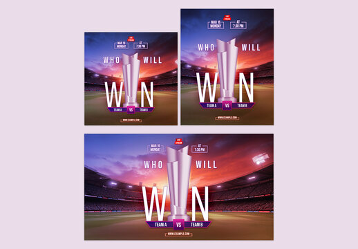 Editable T20 Cricket Match Victory Social Media or Banner Template Set with Silver Trophy, Participating Team A and B on Stadium Background.