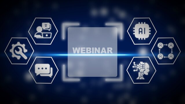 Webinar concept with icons for A I machine learning communication and collaboration on a dark blue digital background - Powered by Adobe
