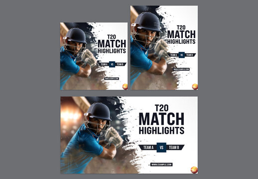 Editable T20 Cricket Match Highlights Banner or Soical Media Template Set with Batter in Action on Brush Stroke Stadium and White Background.