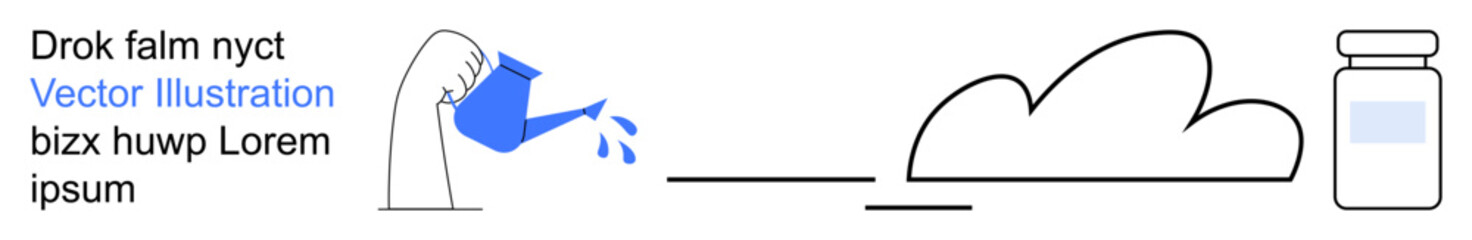 Sustainability, growth, agriculture, eco-consciousness, water conservation, natural resources. A hand pouring water, a cloud shape and a bottle. Sustainability and eco-consciousness concept