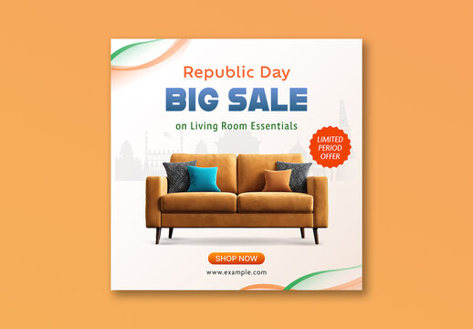 Editable Indian Republic Day Big Sale Social Media Post with Stylish Sofa and Living Room Essentials for Festive Home Decor Promotion.