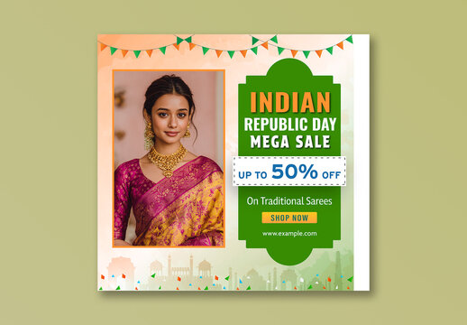 Editable Indian Republic Day Sale Social Media Post with Half Price Offer on Traditional Sarees in Tricolor Theme Design.