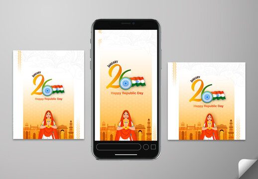 Editable Happy Republic Day Social Media Post Set with 26 January Text in National Flag, Indian Woman Greets on Famous Monuments Background.