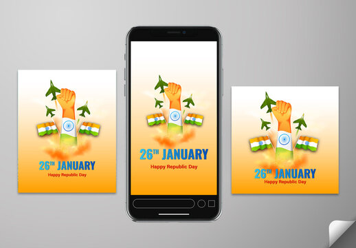 Editable 26th January Happy Republic Day Social Media Post Set with Indian Flags, Fighter Jets and Patriotic Fist Illustration on Saffron and White Background.