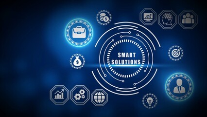 Glowing digital interface with smart solutions text and business icons on blue background technology