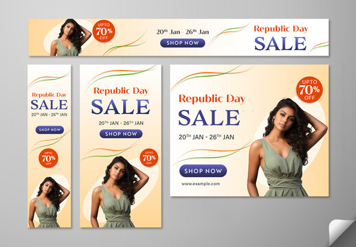 Editable Indian Republic Day Sale Social Media Banner Template Pack with Modern Woman Photo and 70 Percent Discount for Limited Time from 20th to 26th January.